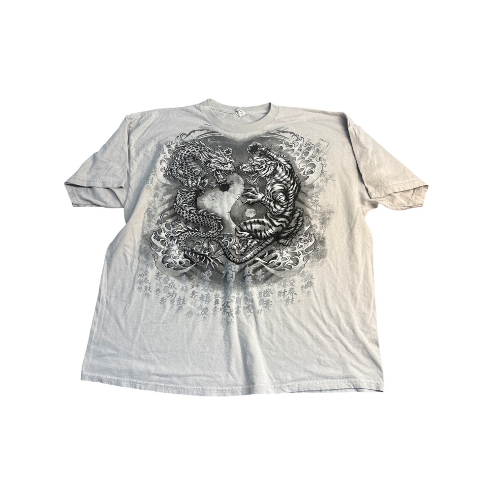 Mens Dragon and Tiger Yin Yang Graphic T-Shirt Gray Size 2XL
